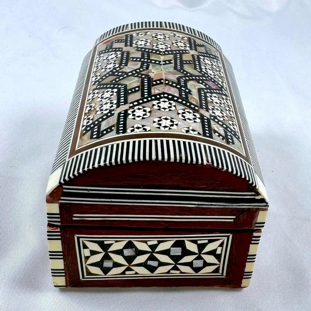 Handmade Mother of Pearl Inlay Wooden Jewelry Box Domed Mosaic Trinket Box NICE